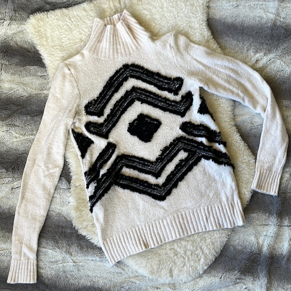 Ann Taylor LOFT Creamy White Turtleneck Sweater with Black Stitching Pattern